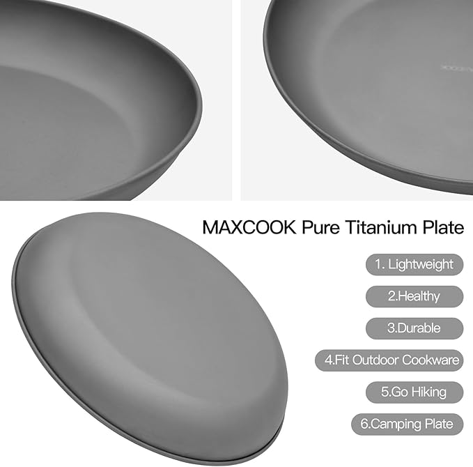 2 pcs Titanium Camping Plate Dishes,8.66 Inch Ultralight Durable Titanium Dish Plate, Outdoor Pasta Serving Backpacking plates for Travel Hiking Kitchen (22cm)