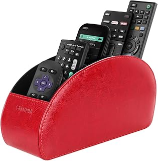 SITHON Remote Control Holder with 5 Compartments - PU Leather Remote Caddy Desktop Organizer Store TV, DVD, Blu-Ray, Media Player, Heater Controllers, Red