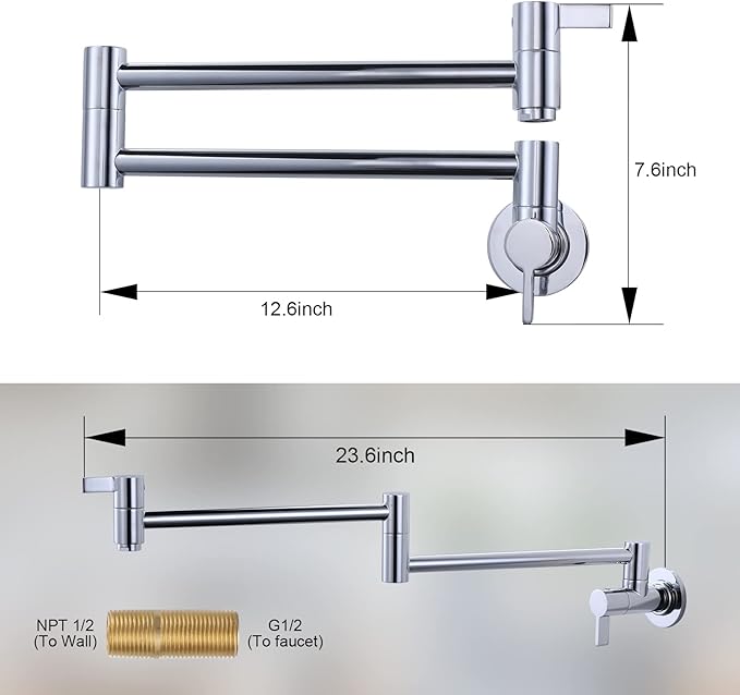 Pot Filler Faucet Chrome, ARCORA Modern Pot Filler Wall Mount 2 Handle with Double Joint Swing Arms Brass Stove Faucet