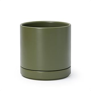 D'vine Dev 6.5 Inch Ceramic Planter Pot with Drainage Hole and Saucer, Indoor Cylinder Round Planter Pot, Olive, 94-O-C-J