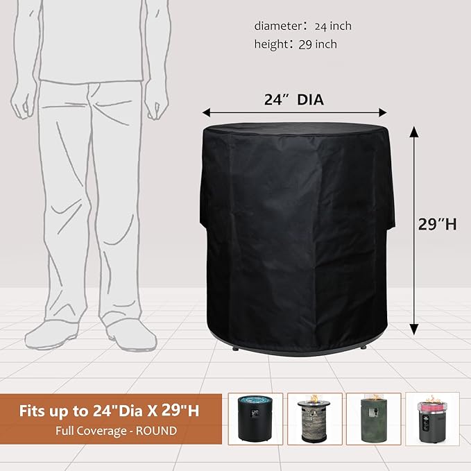 SheeChung Fire Pit Cover Round 24" D X 29" H for Ninja Fireside 360 Outdoor Heater,Heavy Duty 600D Outdoor Waterproof & Tear Resistant Cover,Fits for 22/24 inch Fire Pit Table,Drawstring & Air Vents