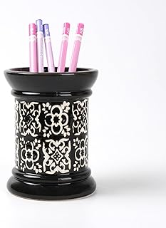 Printed Pencil Holder, Cute Pen Holder for Desk, Ceramic Carved Cylinder Pencil Holder, Office Decoration Container Islamic Style(Black)