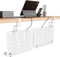 Under Desk Cable Management Tray, 30.2" Vertical Metal Pegboard Organizer for Power Strip, Cables, Clamp On Cord Organizer Rack with Hooks, Trays & Cable Straps for Home Office, White