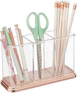 mDesign Plastic Organizer Cup Holder, Divided Storage Organizer for Desks, Office, Tables, Workspaces - Stores Pen, Pencils, Markers, Scissors - 3 Sections - Clear/Rose Gold