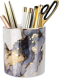 Marble Pencil Holder, Durable Ceramic Desk Organizer Office Supplies,Desktop Stationary Organizer,Multi-Functional Pencil Storage for Desktop Accessories,Office,Classroom,Home,Gray Gold