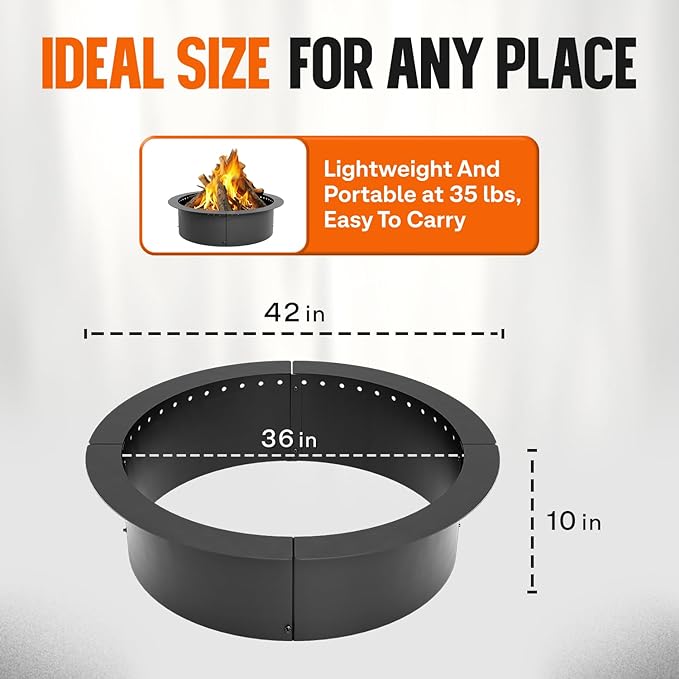 IDZO Fire Pit Ring 42 inch Outer, 36 inch Inner Diameter with Air Venting Holes, 10 inch Height Steel Fire Pit Insert for Smokeless DIY Campfire, Outdoor In-Ground or Above Ground Use