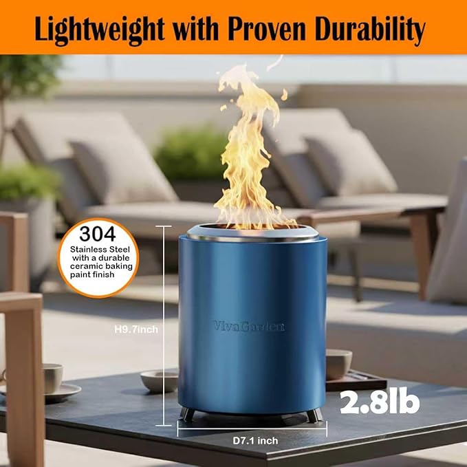Portable Tabletop Fire Pit, VivaGarden Smokeless Table Top Fire Pit, Wood Burning & Pellets Outdoor Camping Stove with Carry Bag, Forks and Mat (9.7x7.1 Inch, Blue)