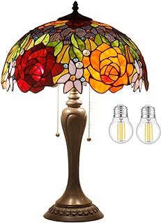 WERFACTORY Tiffany Table Lamp Stained Glass Bedside Lamp Red Rose 16X16X24 Inches Desk Reading Light Resin Base Decor Bedroom Living Room Home Office S001 Series