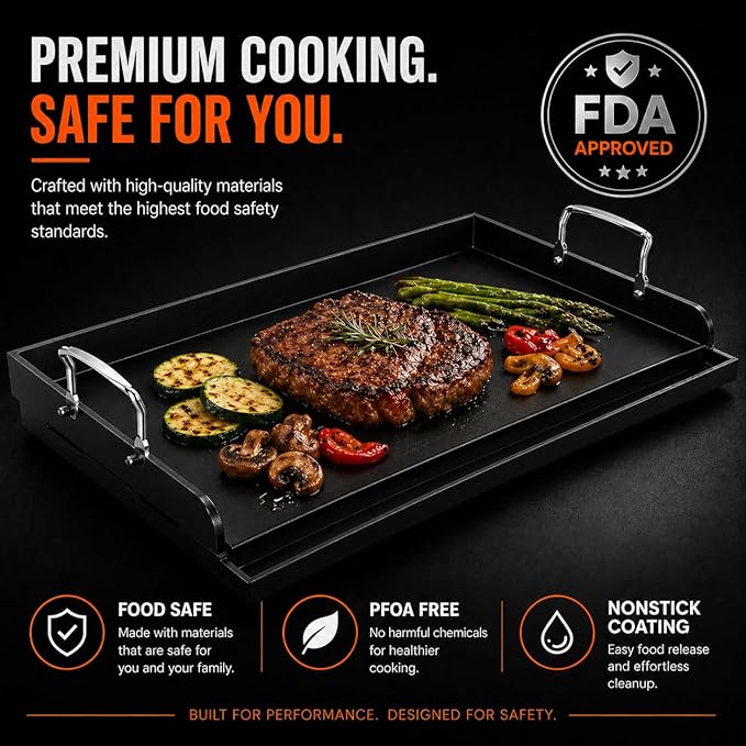 Cast Iron Griddle for Gas Grill & Stove Top, 25" x 16" Flat Top Grill Griddle Plate, Heavy Duty Outdoor BBQ Griddle with Grease Drain for Camping & Tailgating