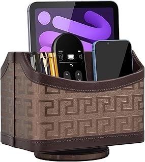 Leather Remote Control Holder 360°Rotatable,Bedside Nightstand Phone Caddy,Office Supplies Storage Box,Desk Organizer for TV Remote Controllers,CD,Pen,Mail,Media Player,Tablets(Coffee Gold)