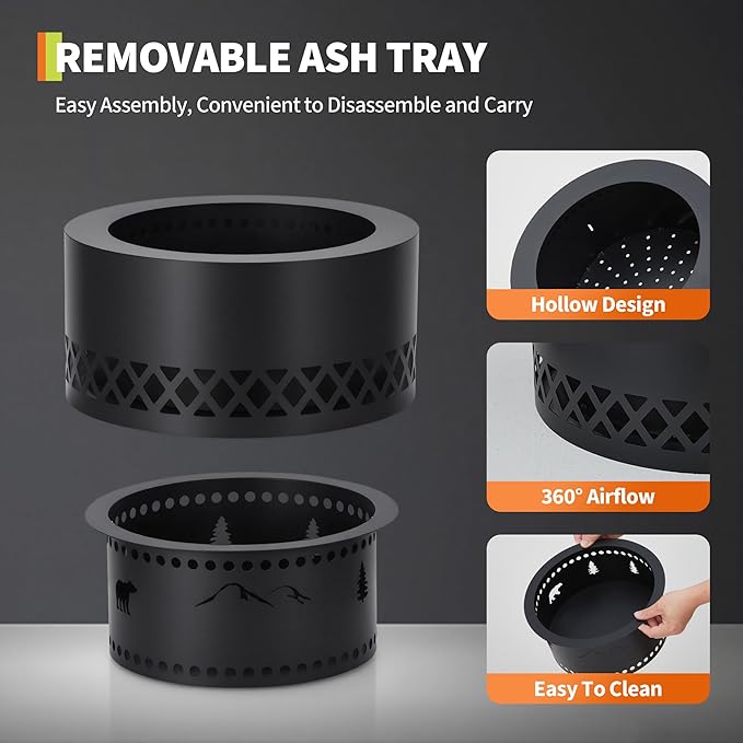 GarveeLife 19 Inch Smokeless Fire Pit, Wood Burning Outdoor Fireplace with Removable Ash Pan & Dust Bag - Ideal for Patio BBQ, Bonfire, Camping