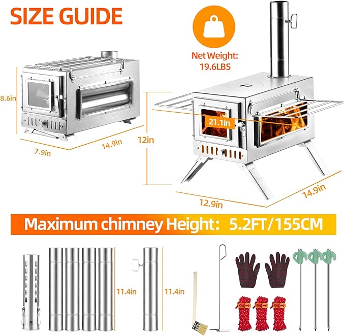 Hot Tent Stove, AVOFOREST 304 Stainless Wood Burning Stove, Portable Wood Stove with 6 Stainless Chimney Pipes for Outdoor Heating & Cooking, Ice Fishing, Hunting