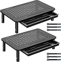 BONTEC 2 Pack Adjustable Monitor Stand Riser with Drawer, Ergonomic Mesh Platform Computer Monitor Stand for Desk, Ventilated Laptop and PC Stand with Cable Management, Supports up to 44lbs