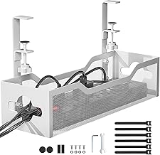 Under Desk Cable Management Tray No Drill, 13.38'' Metal Tray with Clamp for Wire Management, Litwaro Cord Organizer Home Office Damage to Standing Desk, White