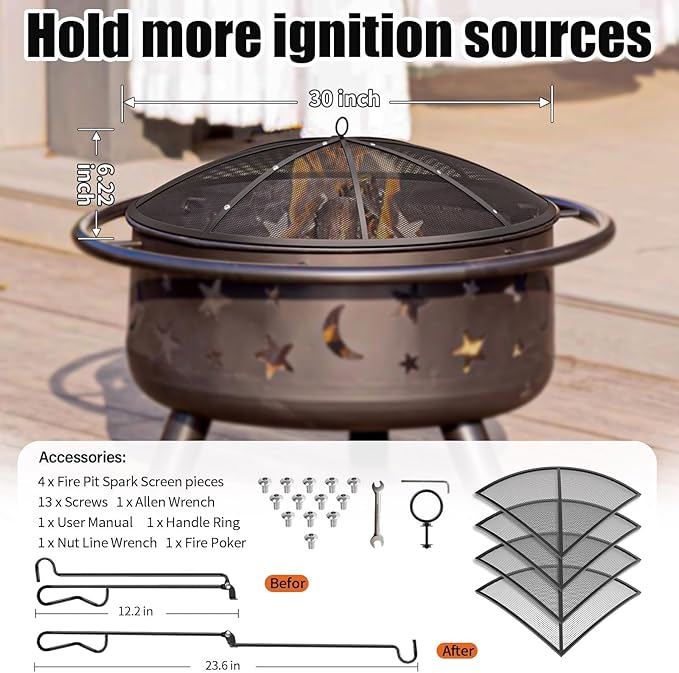 Fire Pit Spark Screen, 30 Inch Fire Pit Screen with Handle & Poker, Heavy-Duty Steel Fire Pit Cover Round Mesh Replacement Outdoor Firepit Screen Lid for Backyard/Beach/RV Camping