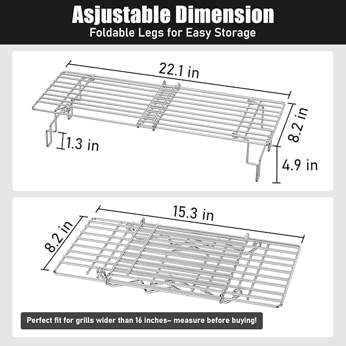 Universal Grill Rack for Gas Grill & Pellet Smoker, Adjustable Warming Rack Upper Rack with Foldable Legs, Stainless Steel Expandable 15.3–22.1 in, Fits Griddle & Smoker Grills