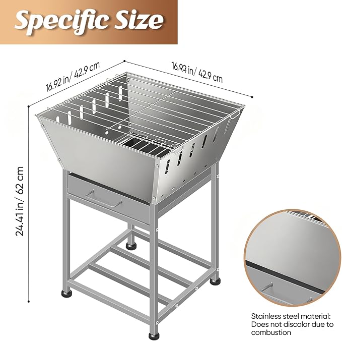 Stainless Steel Square Wood Fire Pit with Grill, 2-in-1 Outdoor Firepit with Ash Pan and Wood Storage, Portable for Backyard, Patio, Camping Use