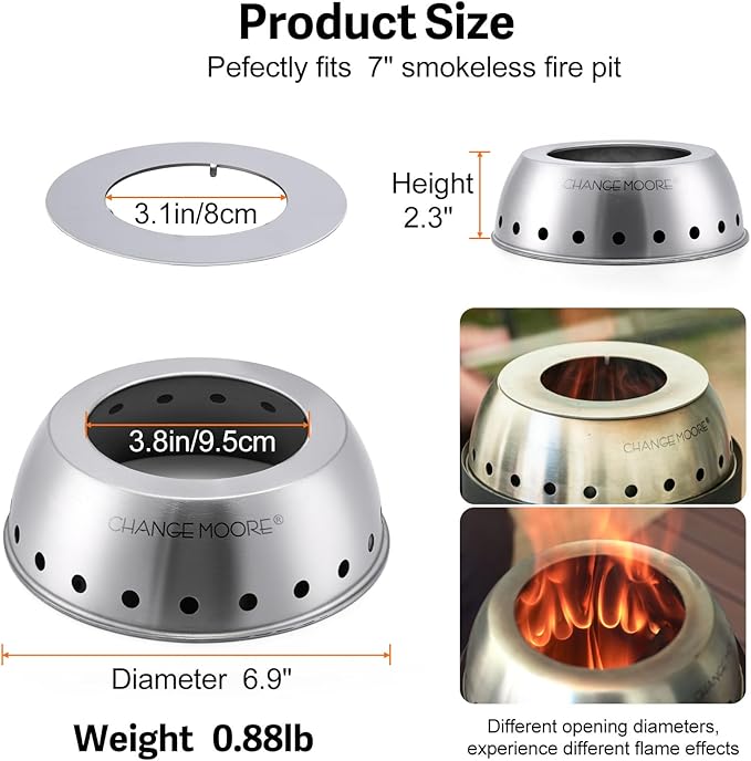 CHANGE MOORE 7'' Second Burning Smokeless Tabletop Fire Pit Cap Kit, Fire Start for Big Fire Pit or Outdooor Use, Compatible with Solo Stove Mesa XL, 201 Stainless Cap + Rack for 7'' Stove