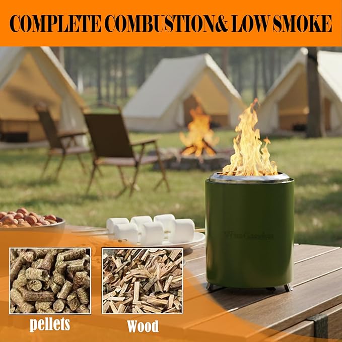 Portable Tabletop Fire Pit, VivaGarden Smokeless Table Top Fire Pit, Wood Burning & Pellets Outdoor Camping Stove with Carry Bag, Forks and Mat (9.7x7.1 Inch, Green)
