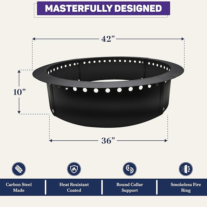 FEBTECH Smokeless Fire Ring Liner - 42" OD & 36" ID - Premium Carbon Steel Fire Ring with Heat Resistant Coating - DIY Portable Smokeless FireRing Designed for Memorable Gatherings Under The Stars