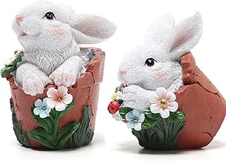 Hodao Set of 2 Easter Bunny Garden Statues - Whimsical White Rabbit Figurines in Flower Pot with Ladybug, Weatherproof Resin Outdoor Decor for Spring Patio Yard Porch & Indoor Farmhouse