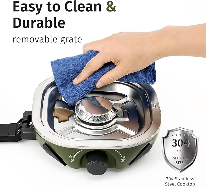 INFOOD Propane Camping Stove 20,000 BTU - Portable 2 Burner Gas Stove with Adjustable Flame Control, Piezo Ignition, Carry Bag & Propane Adapter Hose, Folding Design for Camp, BBQ, Tailgating, Green