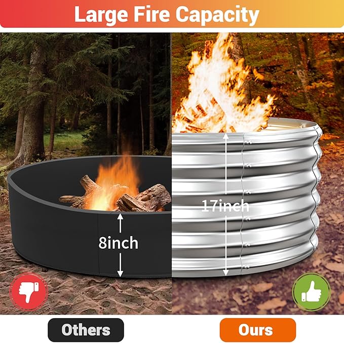 32In Fire Pit Ring, 17'' Tall Heavy Duty Galvanized Steel Wood Burning Fire Pits Insert, DIY In Ground or Above Ground, Outdoor Firepit & Fireplace for Backyard Bonfire, Patio & Camping