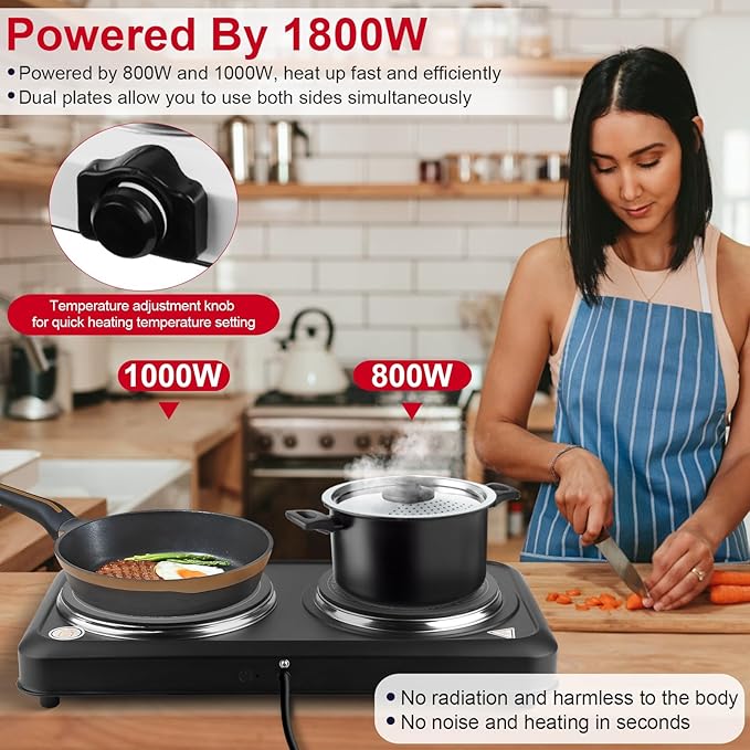 1800W Infrared Dual Burner Portable Electric Hot Plate | 7.5” & 6.3” Glass Cooktops with Stepless Temperature Control (302℉ to 1022℉) | Compact Heating Solution for Home, RV, Camping, and Dorms