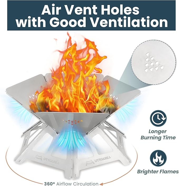 21" Portable Outdoor Fire Pit, 0.8mm Thick Stainless Steel Collapsible Wood Burning Pit with Charcoal Grill Net & Storage Bag for Patio, Backyard BBQ, Camping & Beach Bonfires