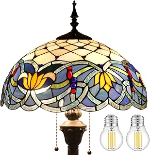 WERFACTORY Tiffany Floor Lamp Blue Lotus Stained Glass Flower Standing Reading Light 16X16X64 Inches Antique Pole Corner Lamp Decor Bedroom Living Room Home Office S220 Series