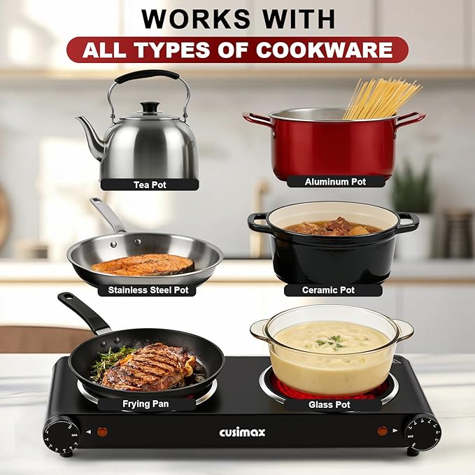 CUSIMAX Double Burner, 1800W Electric Burner Ceramic Hot Plate for Cooking, Dual Control Infrared Burner, Glass Plate Electric Cooktop, Stainless Steel-Upgraded Version