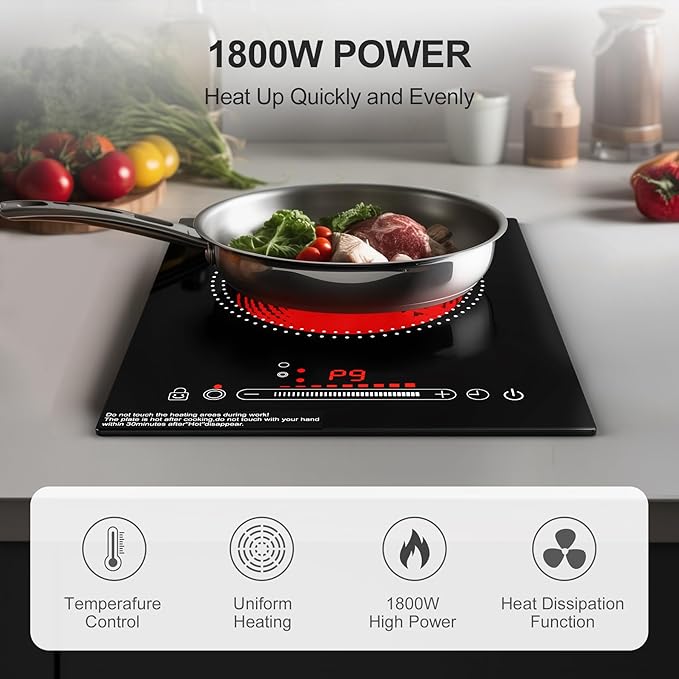 1800W Electric Cooktop Single Burner, 110V Electric Stove with LED Touch Control, 10 Power Levels, Child Safety Lock, Timer & Overheat Protection.