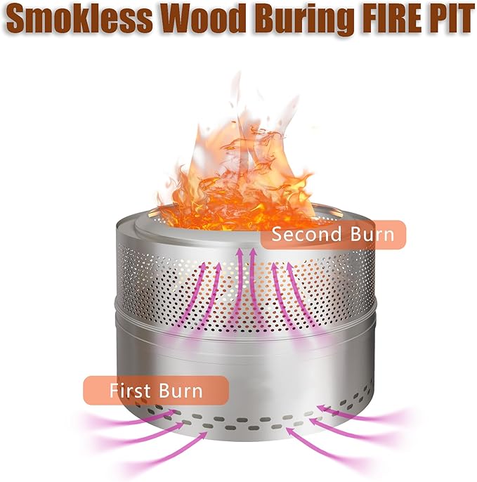 Smokeless Firepit Bonfire 20", Outside Wood Burning Metal Stove Stainless Steel Fire Pit with Carry Bag, Portable Camping Propane Patio Backyard, Easy Setup & Cleaning (Silver)