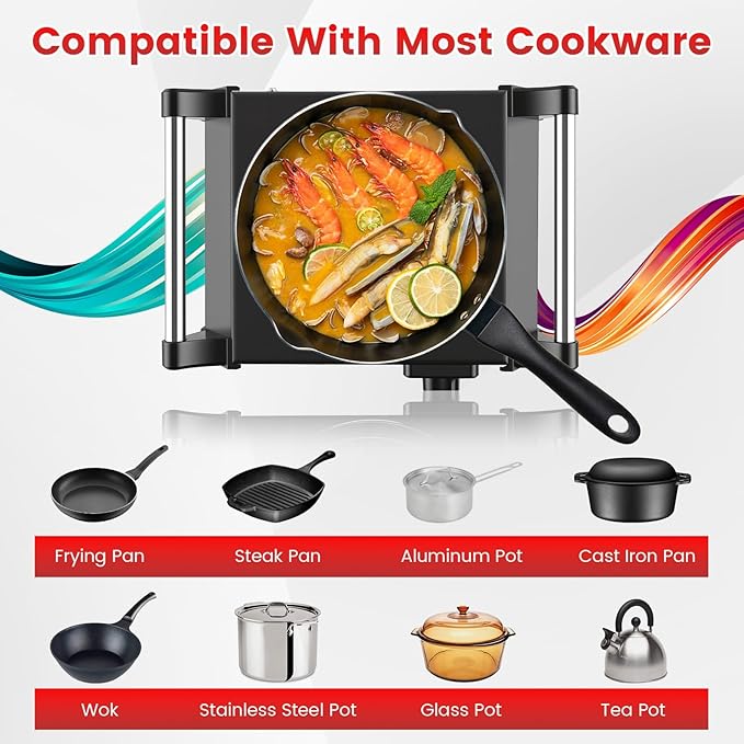 1000W Electric Single Burner, Silicon Crystal Glass Hot Plate Cooktop with 5 Temperature Stepless Adjustments Portable Handles for RV/Home/Camp (Single Burner)