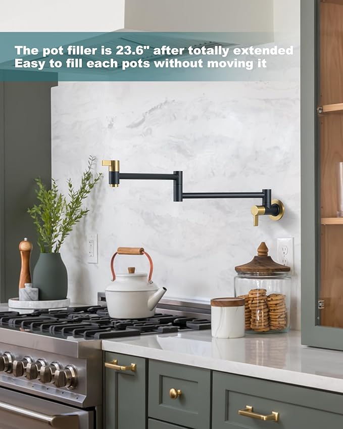 Pot Filler Faucet Black and Gold, ARCORA Modern Pot Filler Wall Mount 2 Handle with Double Joint Swing Arms Brass Stove Faucet