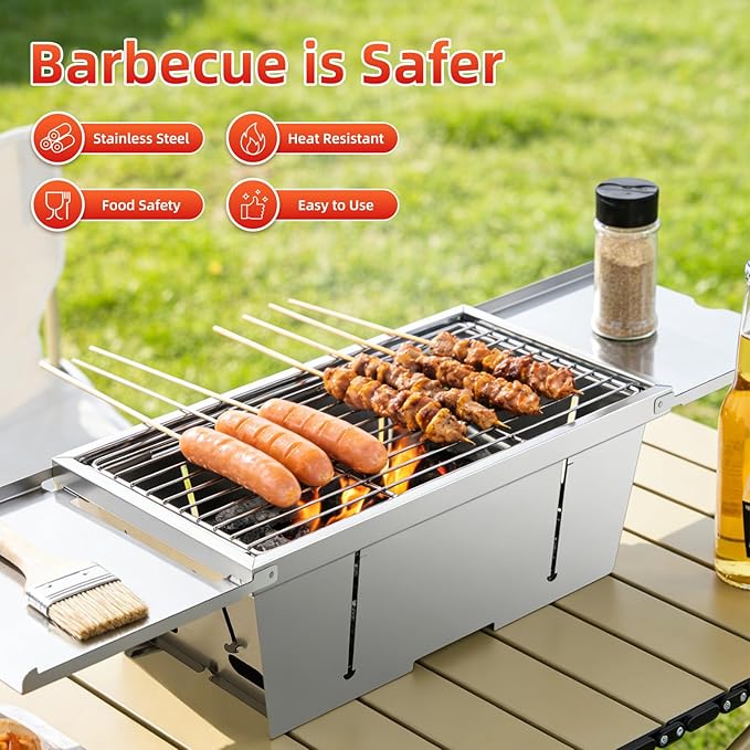 Portable Grill, Uten Stainless Steel Foldable Charcoal Grills with Condiment Plates, Carry Bag, Lightweight & Heat Resistant, for Camping, Tailgating, Beach BBQ (15.3" x 8.7")