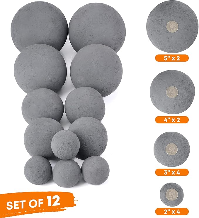 Stanbroil 12 Pack Ceramic Balls, Mixed 4 Sizes Fireplace Balls, Modern Accessory for Indoor or Outdoor Fireplace, Fire Pits and Fire Bowl, Gray