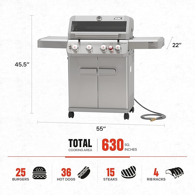 Monument Grills 4+1 Burner Natural Gas Grill with Hose, 50,000 BTU Stainless Steel Outdoor Patio Barbecue Grill with Rotisserie, Fast Heating, Knob Control, M415BZNG
