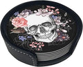 Elegant Skull Rose Flower Coasters for Drinks Round Leather Coaster with Holder Set of 6 for Tabletop Protection Desk Accessories Office Home Room Decor