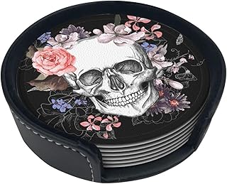 Elegant Skull Rose Flower Coasters for Drinks Round Leather Coaster with Holder Set of 6 for Tabletop Protection Desk Accessories Office Home Room Decor