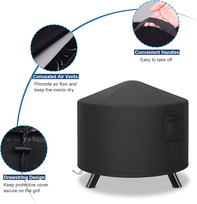 Fire Pit Cover, 34 Inch Round Fire Pit Cover for Wood Burning Fire Pits & Fire Bowl with Spark Screen, Heavy Duty Waterproof with Straps and Built-in Vents, Suit for 30-34 Inch Fire Pit
