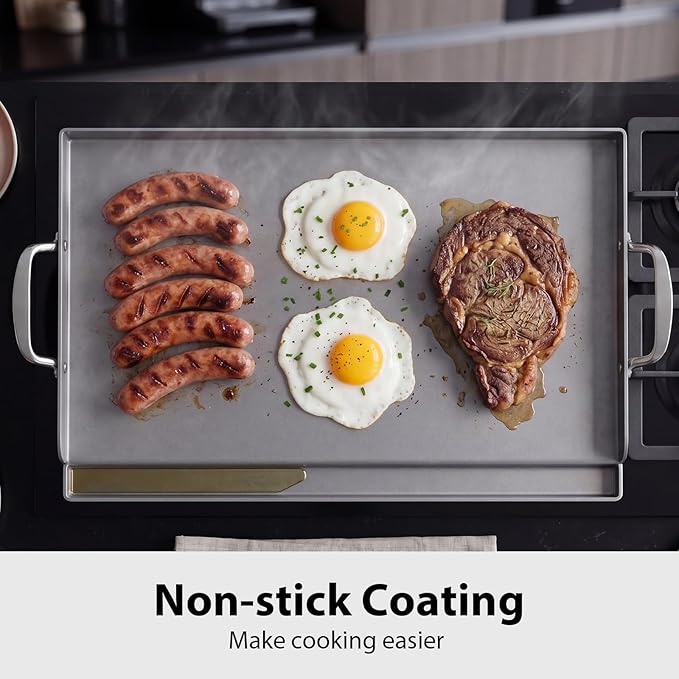 Utheer Cast Iron Griddle for Gas Grill, 25" x16" Flat Top for Outdoor Grill Rectangular Plate with Removable Handles for Charcoal Camping, Tailgating, and Parties