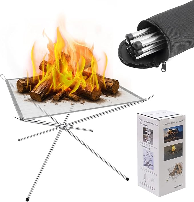 22 Inch Portable Fire Pit for Camping, Wire Mesh Fire Pit, Foldable Stainless Steel Mesh Fireplace for BBQ, Picnic, Heating, Bonfire