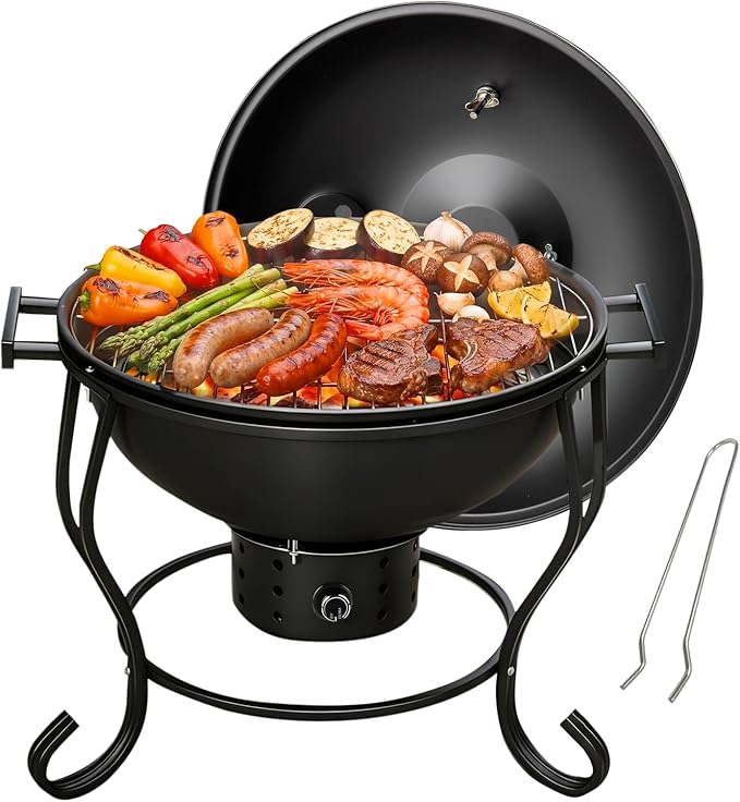 Portable Charcoal Grill with Built-In Thermometer, Adjustable Air Vent & Easy Cleanup, Portable BBQ Grill for Camping, Tailgating, Picnics and Small Backyard Cookouts, Easy-to-Carry Outdoor Grill