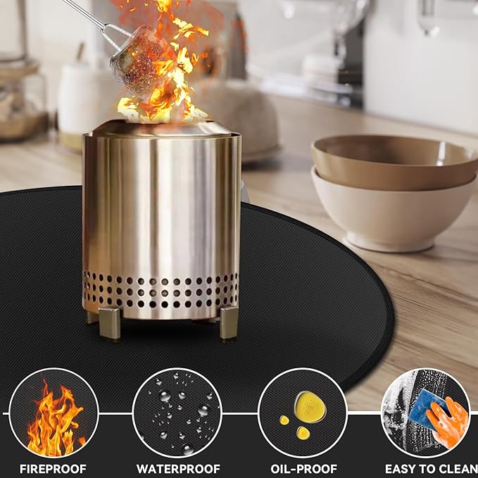 Protebox 19.5" Fire Pit Mat for Solo Stove Mesa Tabletop Fire Pit, Round Fireproof Under Grill Mat for Deck Patio Grass Outdoor Grill Accessories, Portable and Reusable, Glossy Black