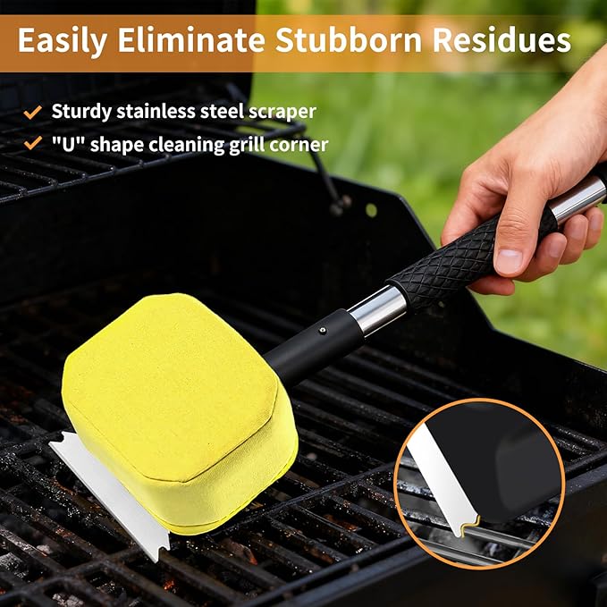 5 Pcs Bristle Free Grill Brush, Grill Cleaning Kit 20.47" Long Handle & Scraper & Replaceable Heads, Safe Grill Brush for Outdoor Grill for Any Grates Type, Grilling Gifts for Men Dad