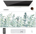 XXL Waterproof Office Desk Pad Protector 35.4x15.7 Inch - Extended Gaming Mouse Pad with Non-Slip Rubber Base, Thickened Keyboard Mat, Stitched Edges & Green Plants Design