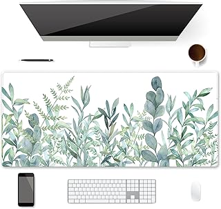 XXL Waterproof Office Desk Pad Protector 35.4x15.7 Inch - Extended Gaming Mouse Pad with Non-Slip Rubber Base, Thickened Keyboard Mat, Stitched Edges & Green Plants Design