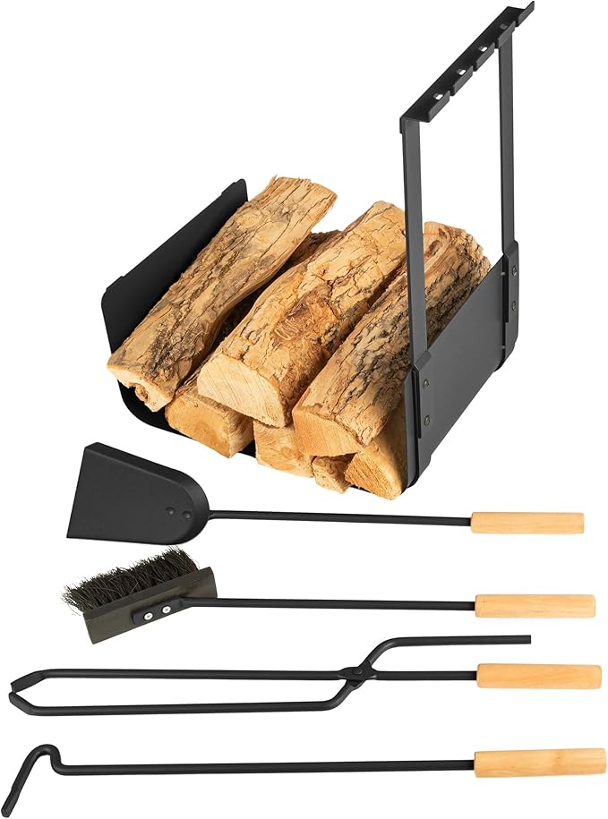 Lavish Home 5 Piece Fireplace Tools Set Indoor Outdoor -Fireplace Accessories Set with Poker, Brush, Shovel, and Firewood Rack Stand - Fire Tools for Fire Places, Firepits, and Woodstoves (Black)