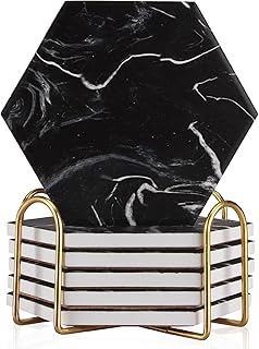Cool Black Marble Coaster Set with Holder Hexagon Absorbent Coasters Modern Ceramic Coster 6 Pack Best Stone Drink Coaster Beverage Coffee Table Decor Funny Bar Desk Cup Coasters